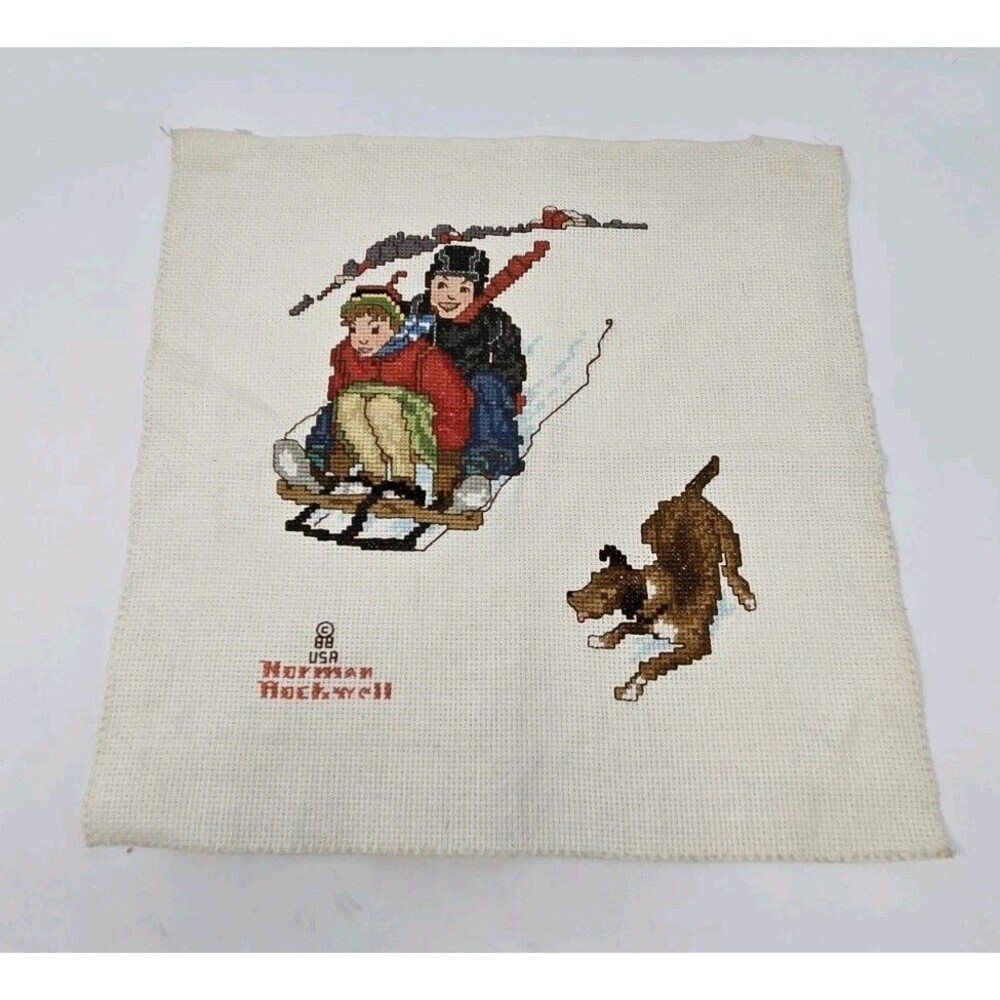 VINTAGE NEEDLEPOINT PANEL UNFRAMED NORMAN ROCKWELL BOYS SLEDDING DOG 1988 CRAFT